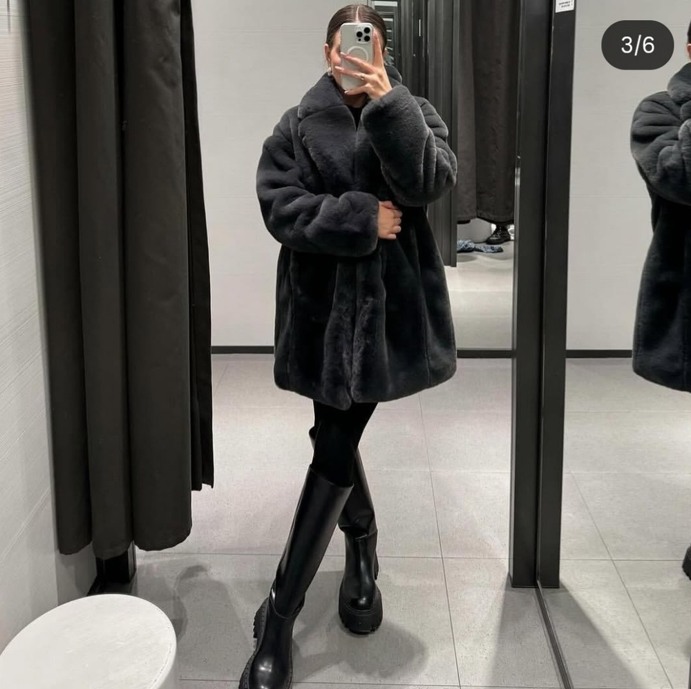 Zara FAUX FUR COAT BLACK Size XS S M - Picture 6 of 16